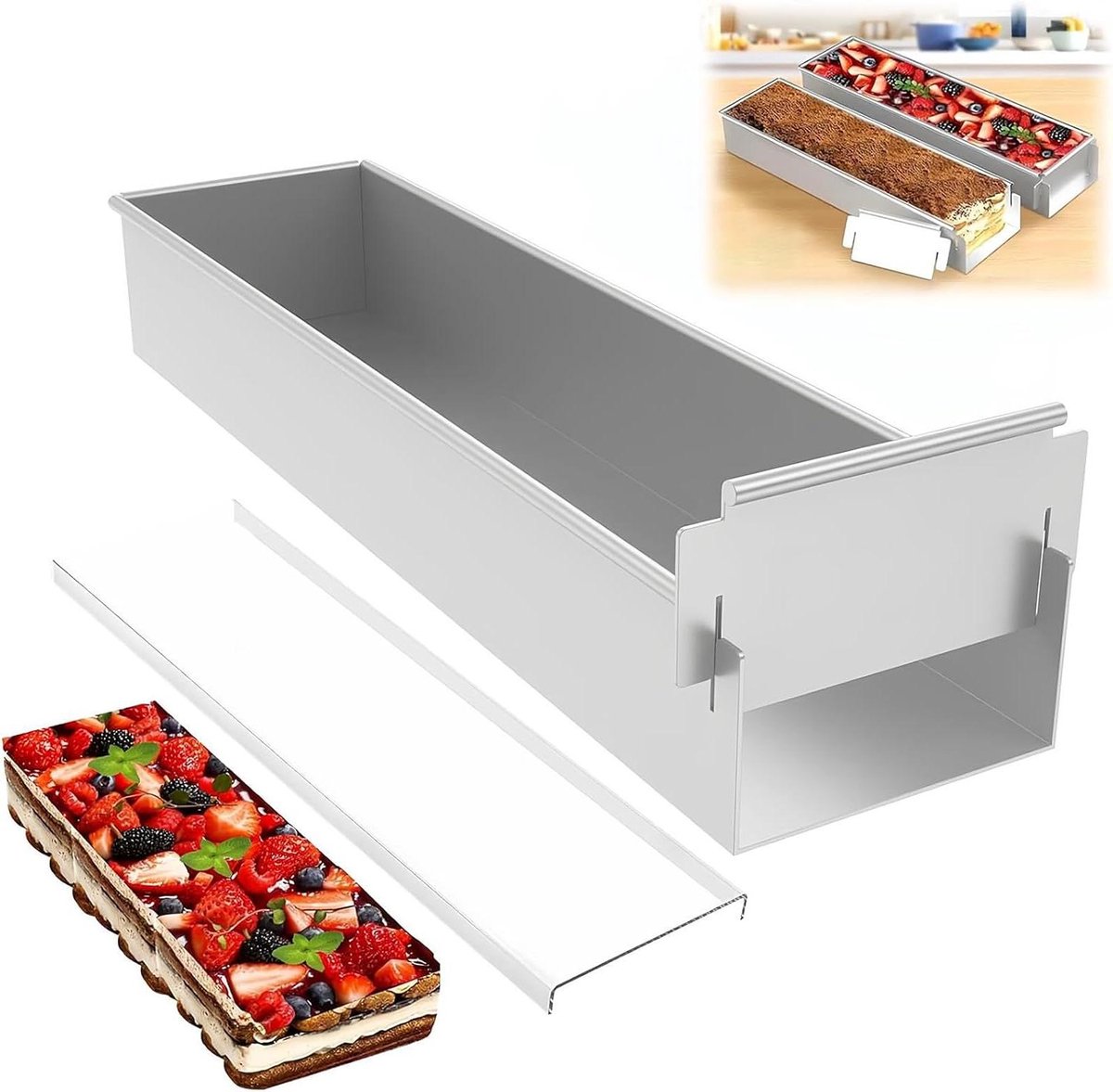 Rechthoekige Cakevorm - Bakvorm Tiramisu - Gebak Maken - Afneembare Zijpanelen - 417 x 10 x 6 cm - Zilver