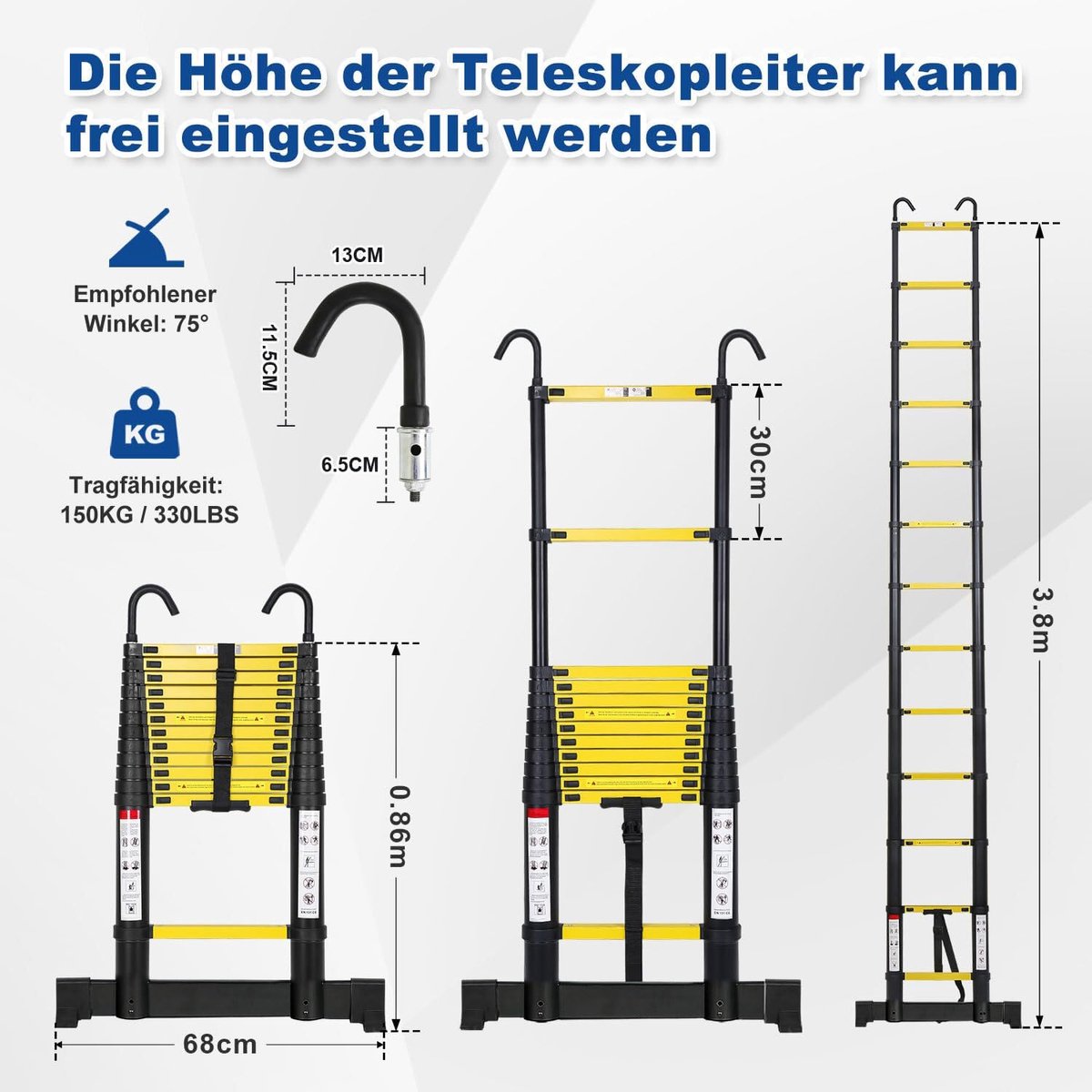 Telescopische Vouwladder - Telescopische Ladders - Werkhoogte 3,8M Zwart - zilverachtig - lichte uittrekbare ladder - met Barre d'équilibre en haken – foto 2