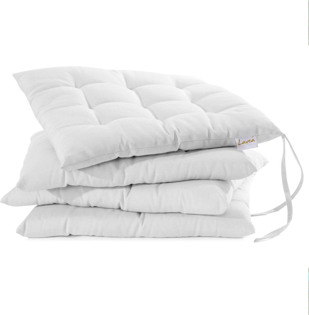 Lavea® Stoelkussens 40x40 cm – Set van 4 met Bevestigingslinten – Comfortabel en Wasbaar voor Binnen en Buiten – voor Tuin, Balkon, Terras en Keuken – Wit