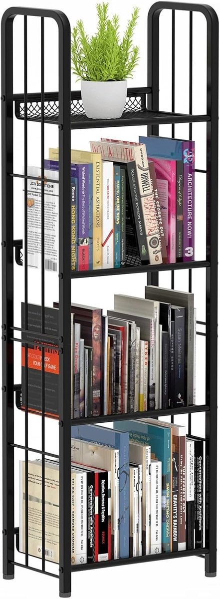 Dailygoods- Ladderrek 4 Niveaus - Vrijstaand Rek - Opbergrek - Stabiel Metalen Frame - Ruimtebesparend - Zwart - Boekenkast
