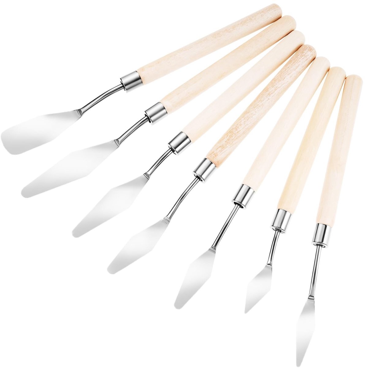 Dailygoods- Schildermes Set van 7 - Roestvrij Stalen Spatel - Houten Handvat - Schildergereedschap - Voor Acrylverf - Diverse Maten en Vormen