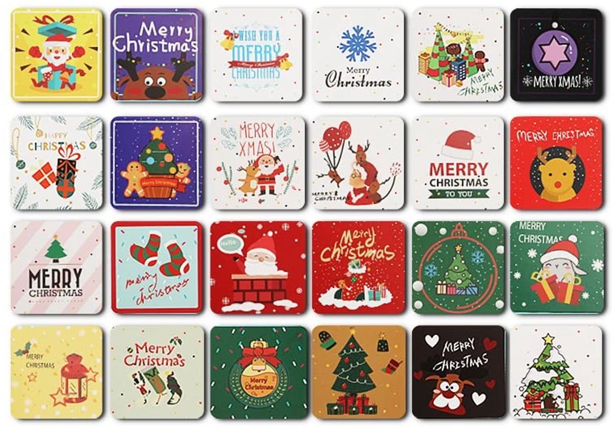 Dailygoods- Kerstkaarten Set 24 Stuks - Mini Wenskaarten met Enveloppen - 7,6 x 7,6 cm - Diverse Kleuren - Papieren Kaarten - Perfect voor Feestdagen