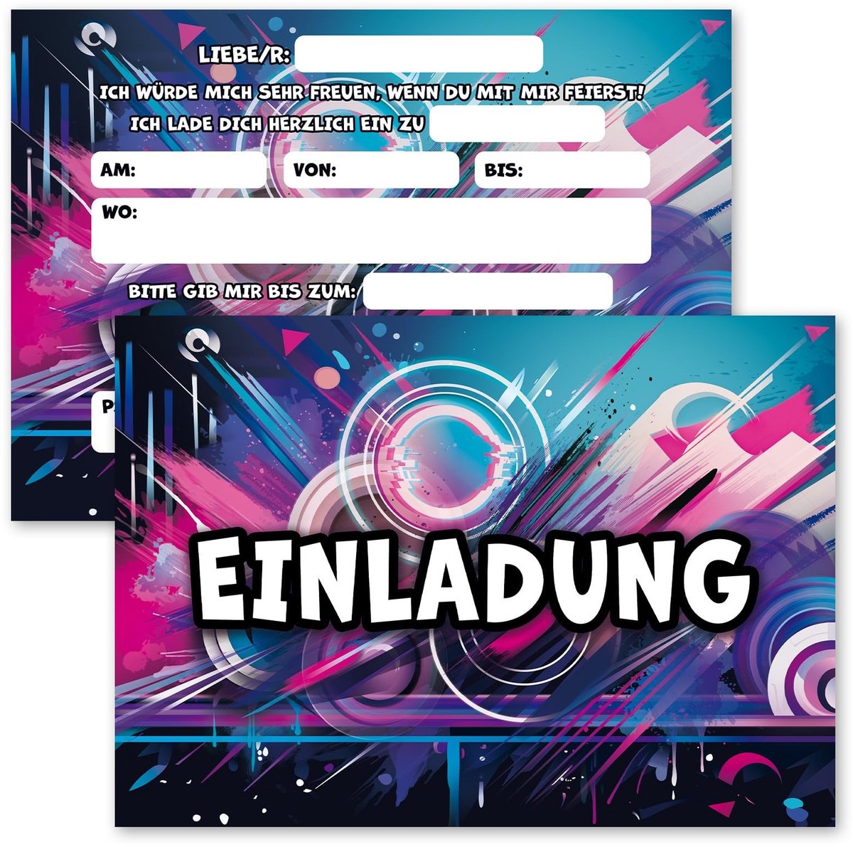 Dailygoods- Uitnodigingskaarten Graffiti - 12 Stuks - Kinderfeestje - Feestdecoratie - Grappige Uitnodigingen - Uniek Design - Eenvoudig Invullen - Feestuitnodigingen