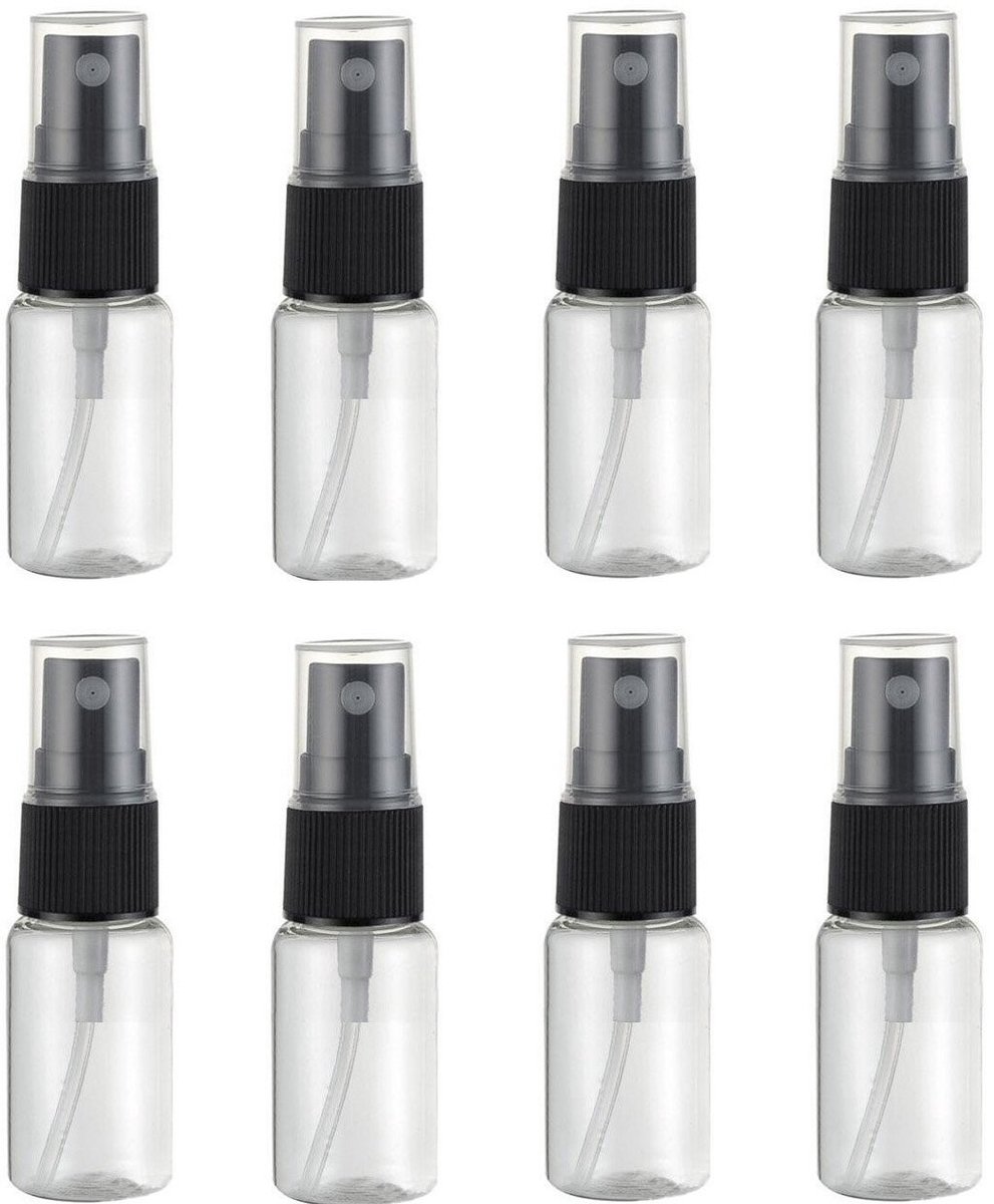 Dailygoods- Sprayfles Set van 8 - 10 ml Capaciteit - Transparant Plastic - Verstuiver voor Reizen - Fijne Mist - Zwarte Deksel - Eenvoudig Bijvullen