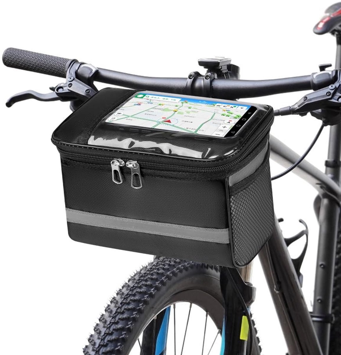 Dailygoods- Stuurtas waterdicht - Fietstas met dubbele rits - Draagbare fietstas - 19x18x13 cm - Nylon - Elastische gaasvakken