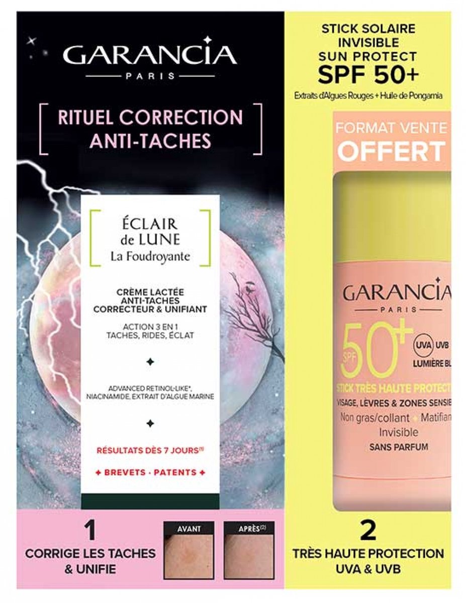 Garancia Eclair de Lune La Foudroyante Anti-Vlekken Crème 30 ml + Zonnestick voor Gezicht, Lippen en Gevoelige Zones SPF50+ 15 g Gratis