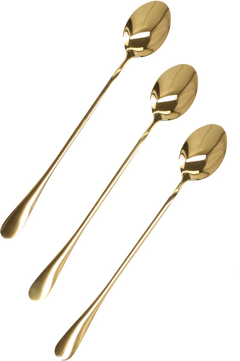 Homla - Stilo Latte Lepels Set - 3 Stuks - Lange Dessertlepels - Cocktaillepels - Koffielepels voor Latte Macchiato - IJslepels - RVS - Goud