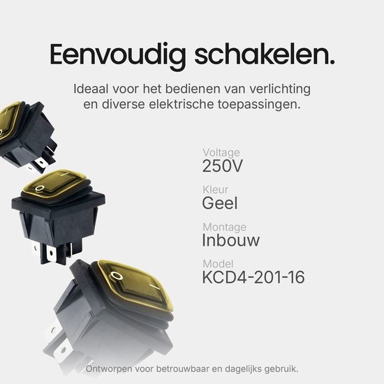 Drie wipschakelaars met gele knop en specificaties: 250V, kleur geel, inbouwmontage, model KCD4-201-16.