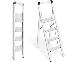 KINGRACK Stepladder, 4 Steps, Folding Stepladder with Handrail, Non-Slip Household Ladder with Folding Safety, Aluminium Step Stool, Load Capacity up to 150 kg, Silver