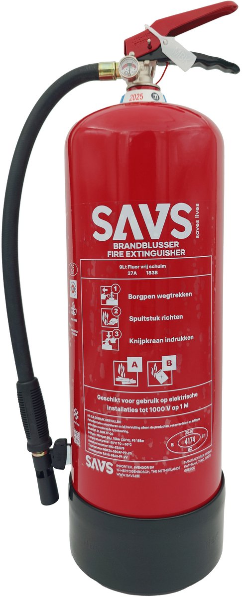 SAVS® Brandblusser schuim 9 liter - 27A 183B - Fluorvrij en Vorstvrij - Met montagebeugel - Schuimblusser - 9L