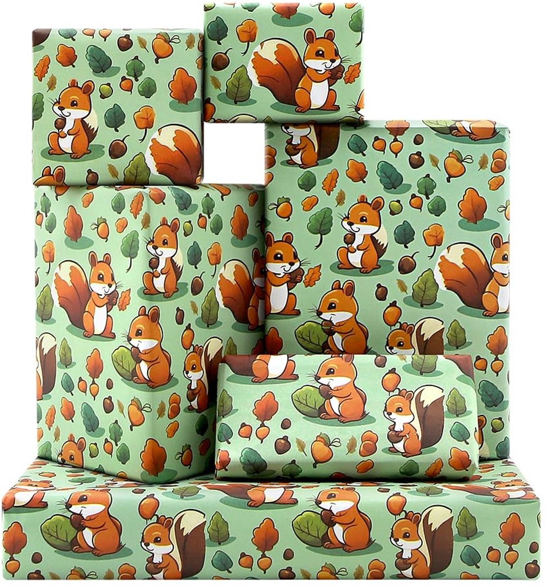 Dailygoods- Inpakpapier Herfst Eekhoorn - 4 Vellen - Cadeaupapier Kinderen - Geschenkverpakking Verjaardag - Inpakpapier Babyshower - Groen Bladeren