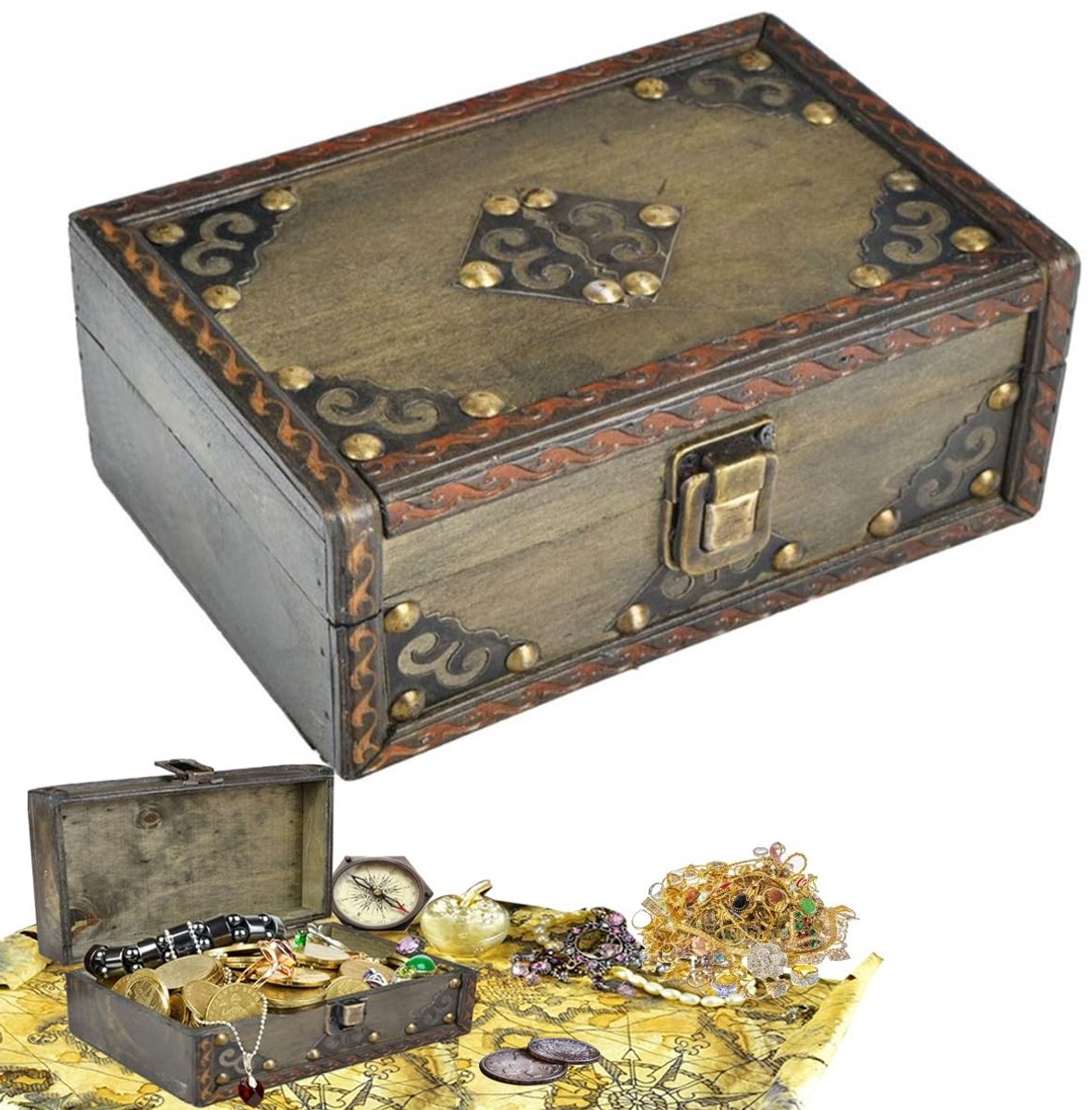 Dailygoods- Schatkist Houten - Vintage - Met Slot - 18 x 12 x 8 cm - Voor Kinderen - Opbergen van Geschenken - Opbergdoos