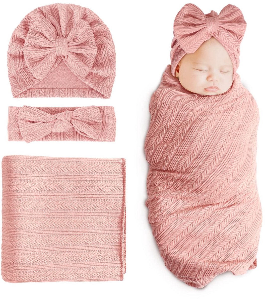 Dailygoods- Geboortedecken Warm - Peuter Deken - Strik Hoofdband - Strik Muts - Veilig Wikkelen - Comfortabel voor Babyhuid - Babykleed