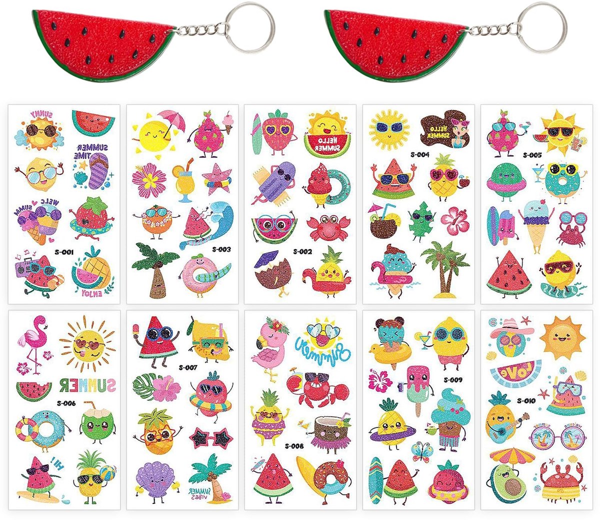 Dailygoods- Tatoeagestickers 10 vellen - Waterdichte Stickers - Zomeractiviteiten - Sleutelhangers - Veelkleurig - Zelfklevend 12 x 6,8 cm - Tattoo