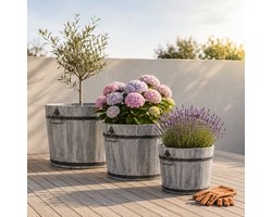 Storm Plantenbak Rond S - 37x26 cm - Geborsteld Grijs - Acaciahout FSC - voor Binnen, Buiten en Balkon - Boomkuip