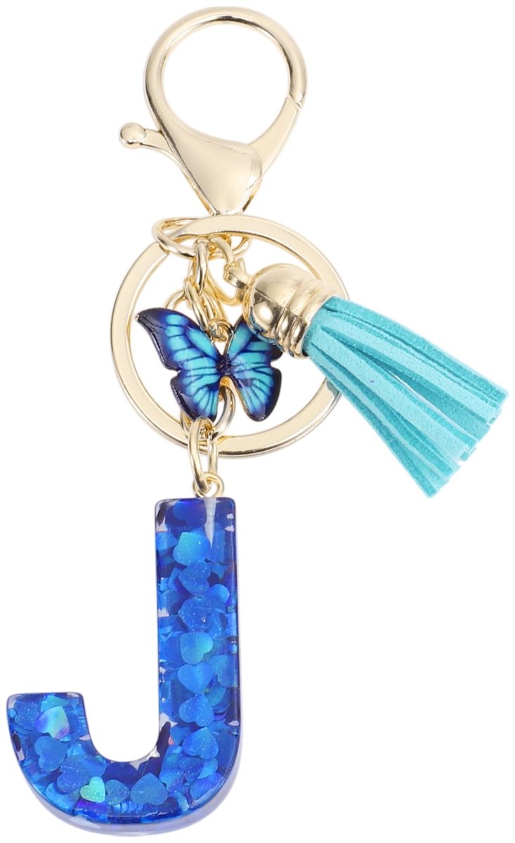 Dailygoods- Sleutelhanger met letter J - Vlinder - Sleutelhanger voor vrouwen - Sleutelhanger met kwastje - Duurzaam harsmateriaal - 9,3 cm lang - Sleutelhanger Met Initialen