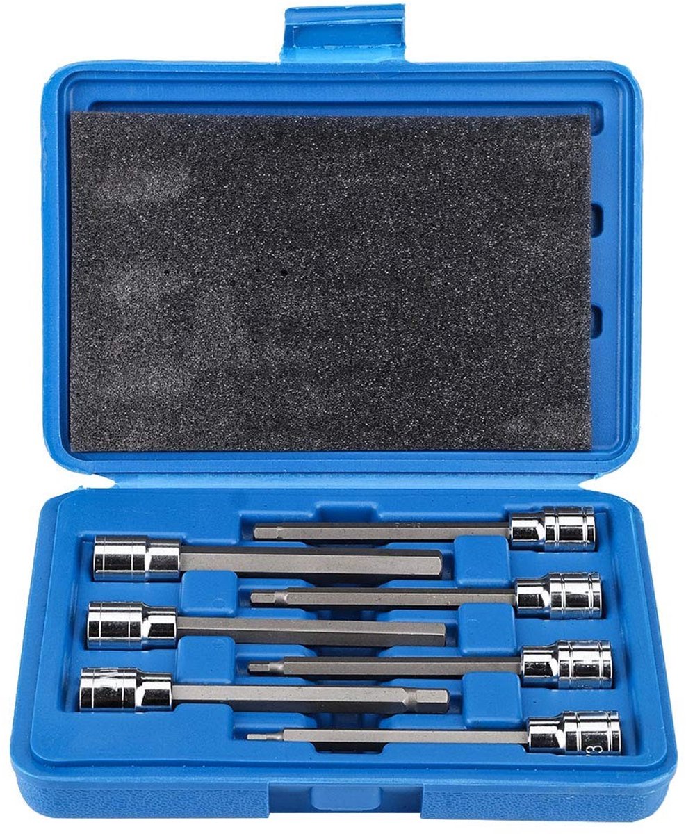 Dailygoods- Bitset 7-delig Extra Lang - Zeskantbits 3/4/5/6/7/8/10 mm - Chroom-vanadium-staal - Opbergdoos - Nauwkeurige Maten - Gemakkelijk Mee Te Nemen - Dopsleutelset