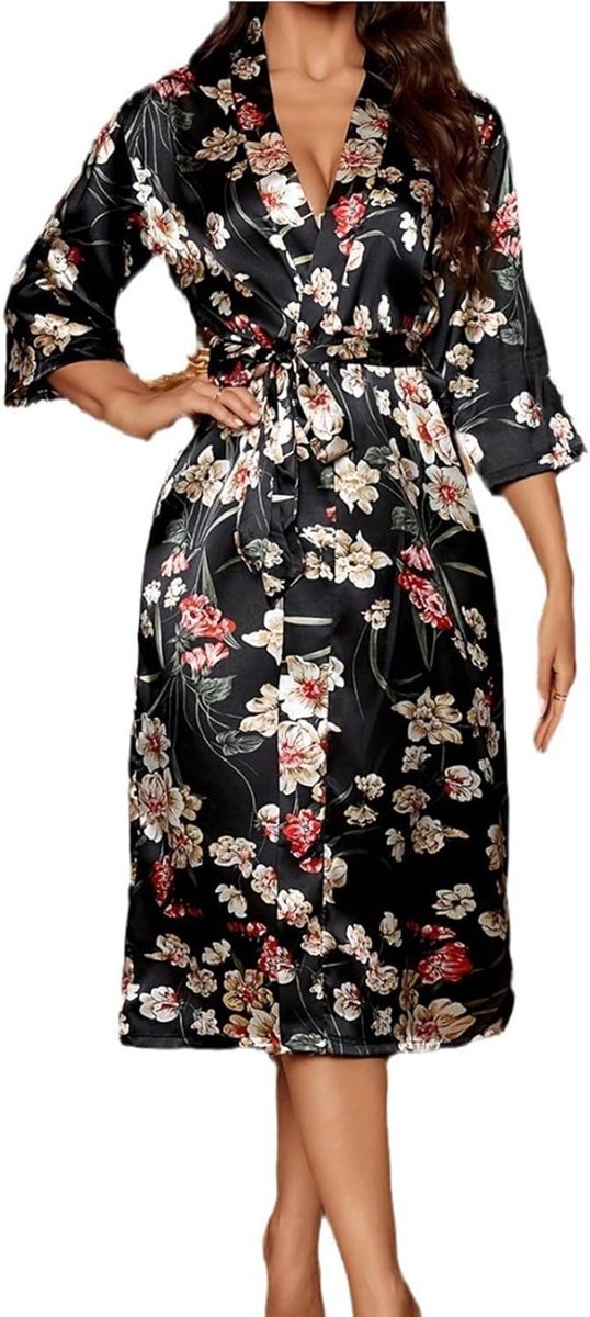 Dames Kimono - Lange badjas - Comfortabele avonden - Zachte satijnen stof - Lange mouwen - Bloemenprint