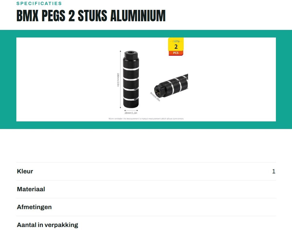 Dailygoods- BMX Pegs Antislip - 2 Stuks - Aluminium - 9 mm - 3/8 Inch - 26 Tanden - 10 x 2.8 cm - Lichtgewicht - Fietssteunen