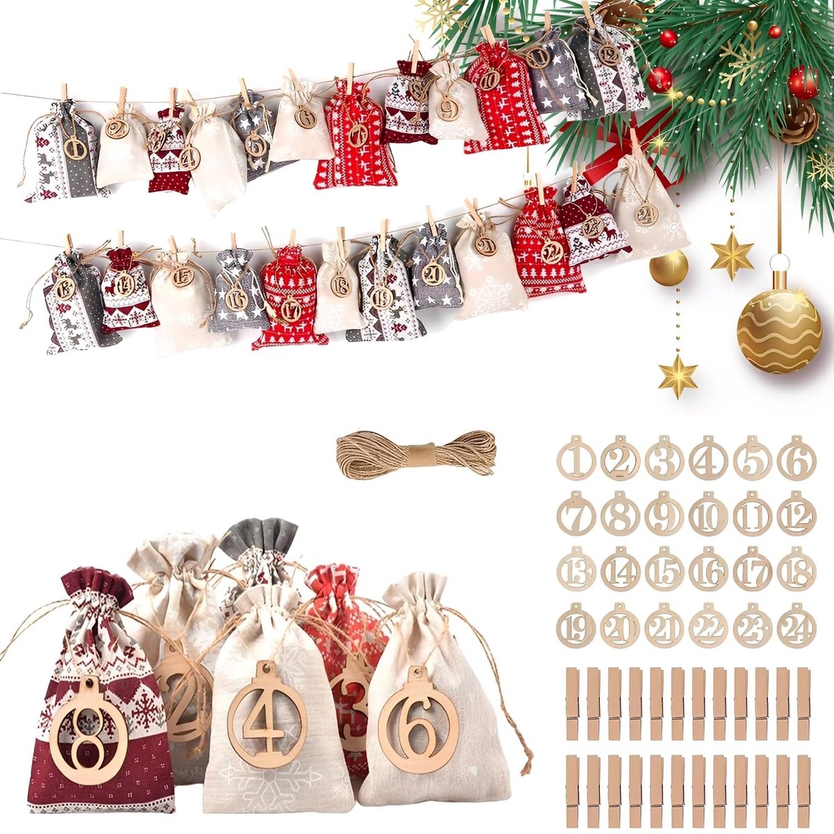 Dailygoods- Kerstdecoratiezakken 24 stuks - Adventskalender om te vullen - Vilten Zakjes - Houten Hangers - Cijferstickers - Cadeauzakjes met clips