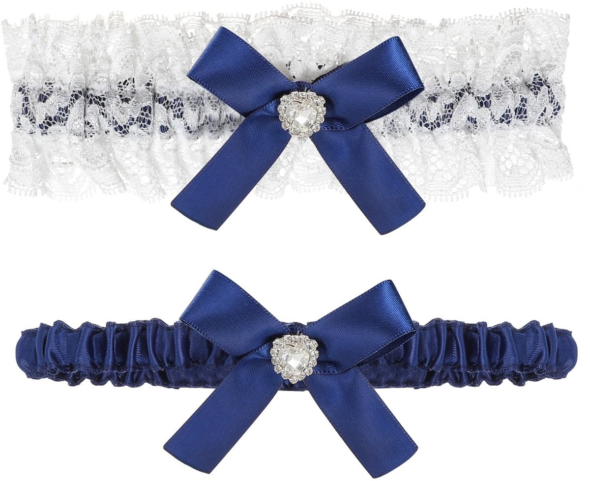 Dailygoods- Kousenband Bruiloft - Elastische Kanten Kousenband - Blauwe Jarretelgordel - Bruidsaccessoire - Strik met Strass Steentjes - Eén Maat Pas Bijna Iedereen - Jarretel