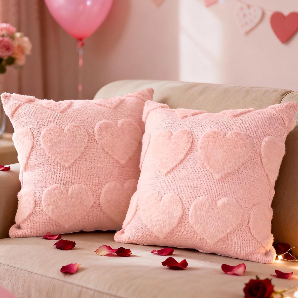 Dailygoods- Kussenslopen set van 2 - 50 x 50 cm - Decoratieve kussenhoezen - Roze hart - Valentijnsdag - Zacht en duurzaam pluche