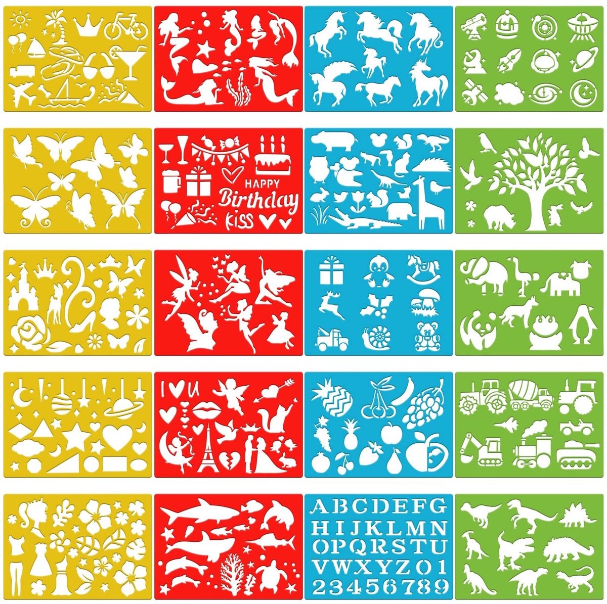 Dailygoods- Kleurtekensjablonen 20-delig - Dieren/Eenhoorn/Dinosaurus - Verjaardagsfeesten - Schildergereedschap - A5/A4-notitieboeken - Creatieve patronen - Schilderstencils