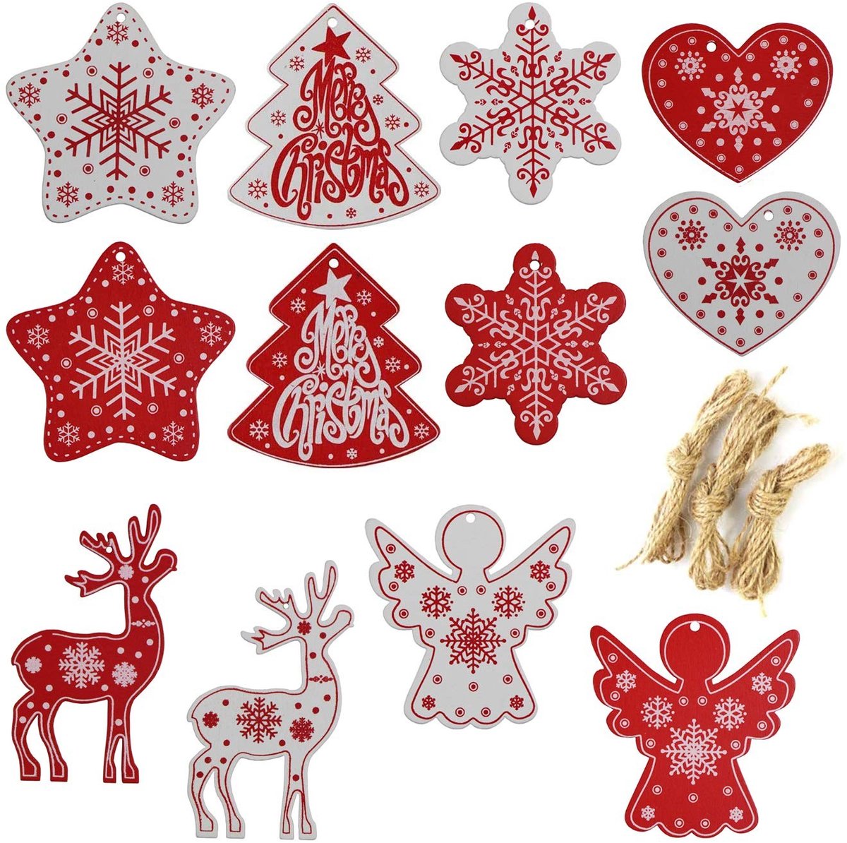 Dailygoods- Kerstboomversiering 12 Stuks - Houten Decoratie - Dennensieraad met Jute Koord - DIY Knutselen - 6,5-8 cm Grootte - Rood/Wit - Kerstdecoratie