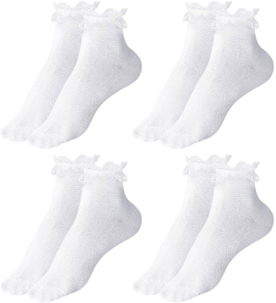Dailygoods- Enkelsokken 4 Paar - Witte Katoenen Sokken - Ruches - Elegante Kant - Maat 34-42 - Ademend en Comfortabel