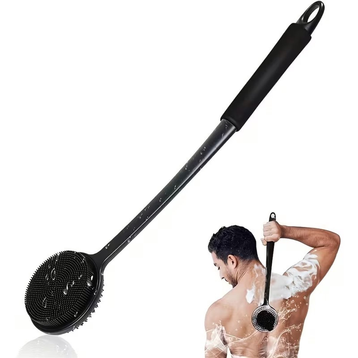 Rugkrabber - Rugborstel - Badborstel rugborstel lange steel -Rugborstel voor onder de douche - Exfoliërende lichaamsborstel voor de gevoelige huid - bereikt moeilijk bereikbare plekken - Zwart