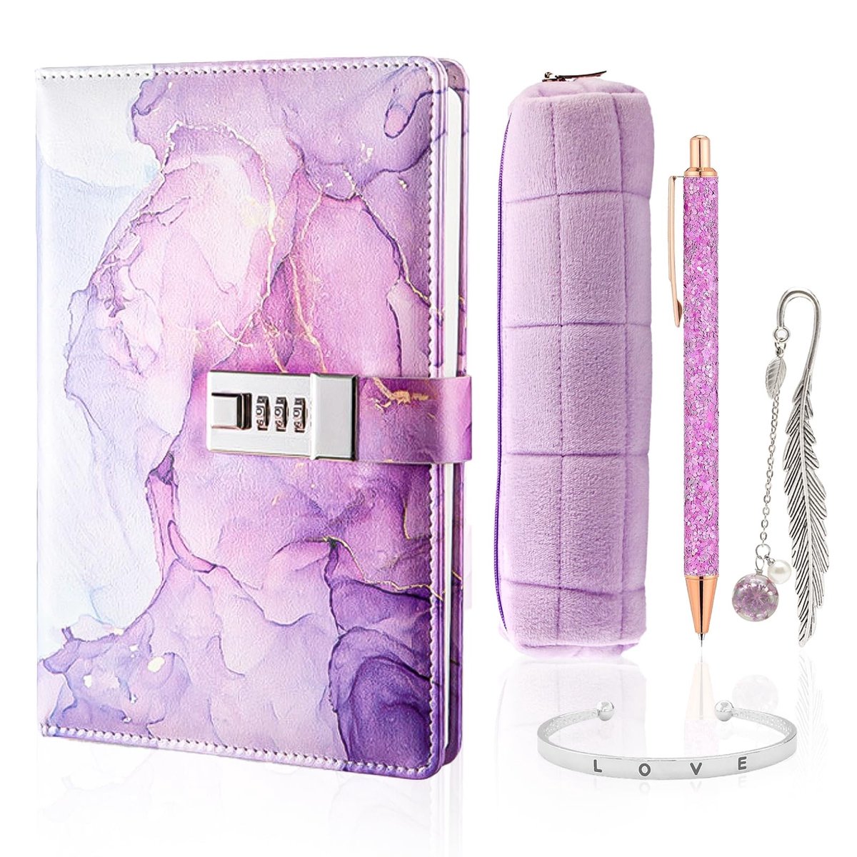 Dailygoods- Schrijfwaren Set - Dagboek met Slot - Schrijfwarenbox - Balpen - Bladwijzer - Armband - Cadeau voor Meisjes - Schoolspullen