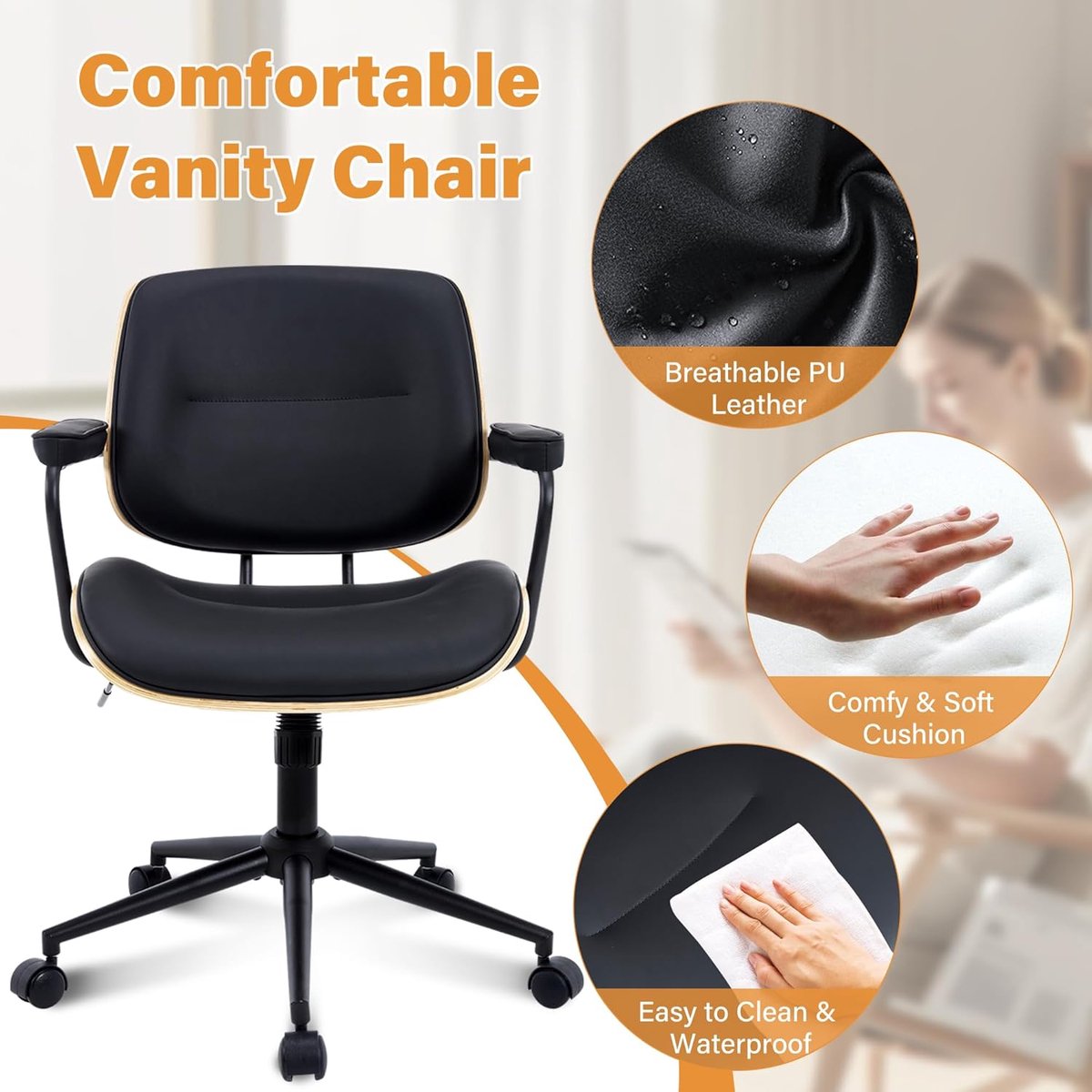 Ergonomische bureaustoel – draaibare kantoorstoel met armleuningen en lendensteun – in hoogte verstelbare home office stoel met wielen – moderne comfortabele computerstoel tot 136 kg – zwart – House&Garden