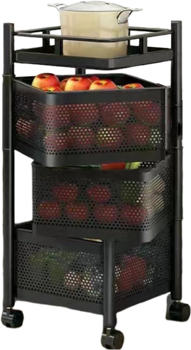 Keukenrek met wielen - Opbergtrolley - Keuken organiseren - Verstelbare lagen - 3-laags - Zwart