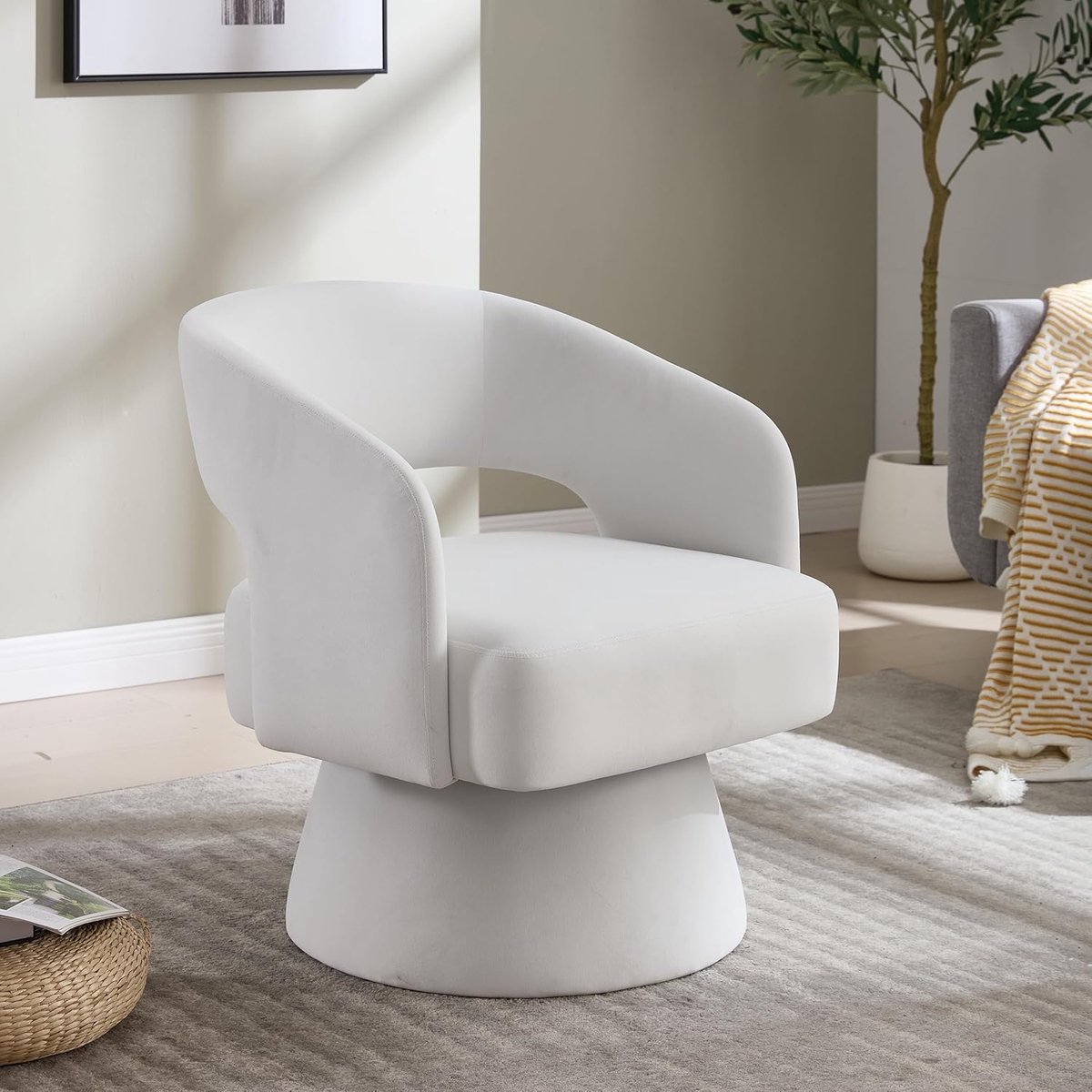 Luna Luxe 360° Draaibare Velvet Fauteuil – Chenille Lounge Stoel met Ergonomische Rugleuning & Zachte Schuimkussens, Kuipstoel met Metalen Draaivoet 68 × 66 × 75 cm – Beige