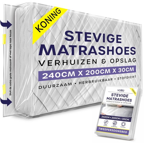 Een grote, stevige matrashoes voor een tweepersoonsbed, met de afmetingen 240x200x30 cm. De hoes is transparant met een gele 'KONING' band. "Stevige matrashoes"