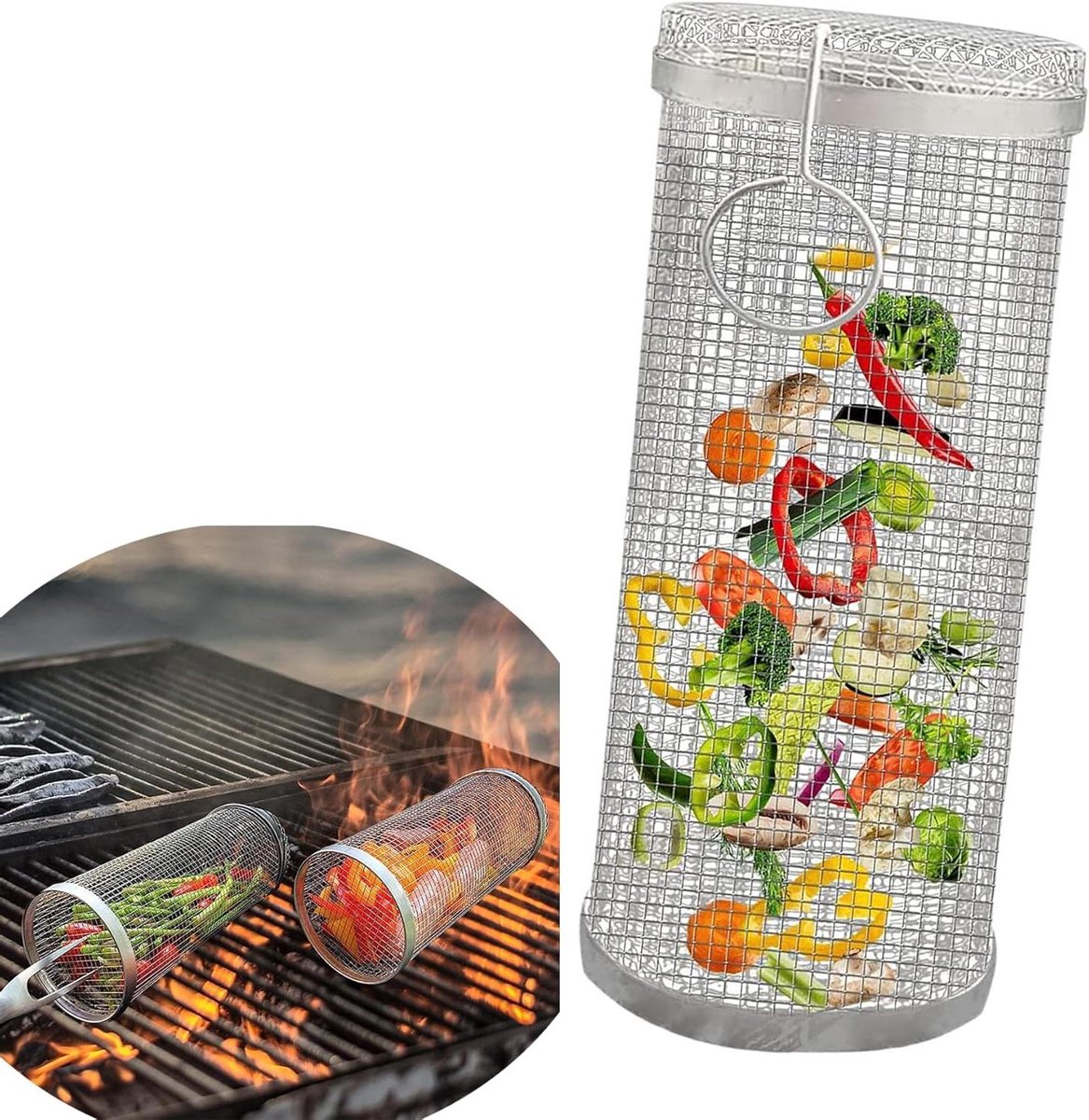 Grillmand Cilinder - Rolmand BBQ - Groenten Grillen - Roestvrij Staal - 30 cm - Zilver