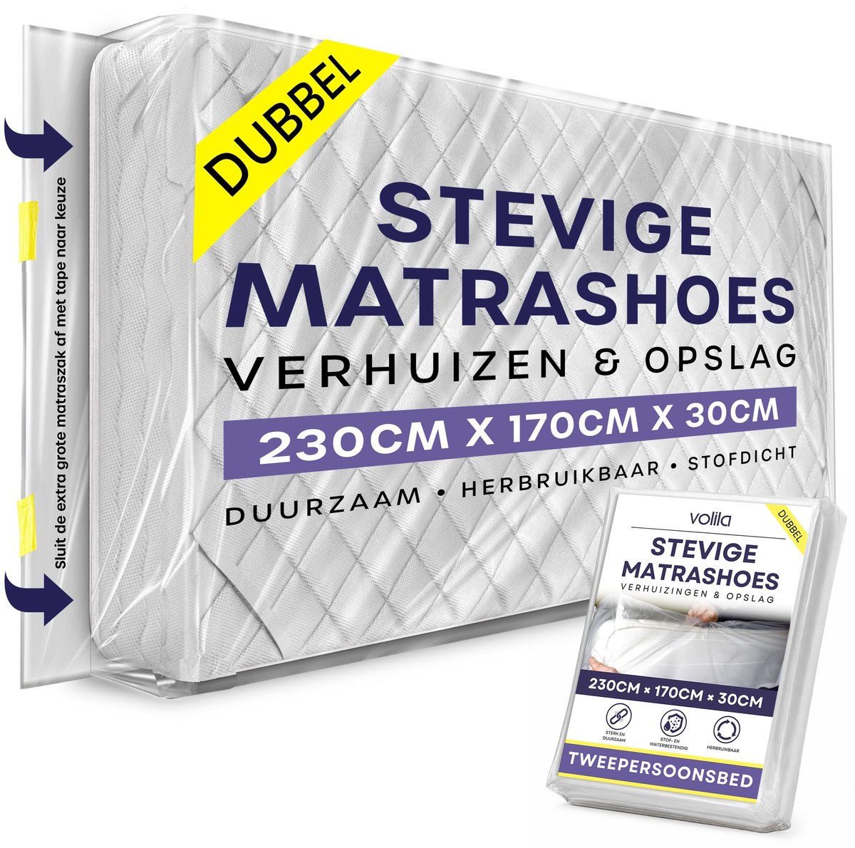 Dubbele Matras Verhuis- en Opberghoes – Herbruikbare, Waterdichte Matrashoes voor Bescherming tegen Stof, Vlekken en Ongedierte