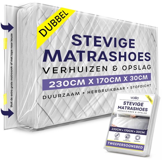 Een dubbele matras, verpakt in een stevige matrashoes met tekst 'DUURZAAM, HERBRUIKBAAR, STOFDICHT'.