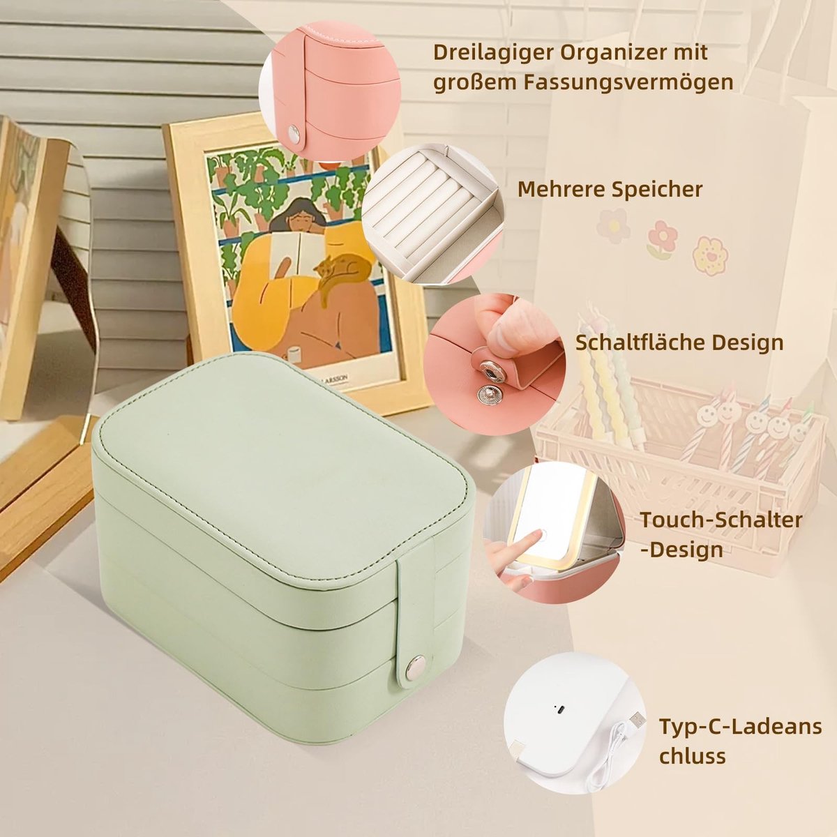 Dailygoods- Make-uptas met verlichte spiegel - Draagbare make-uptas - Organizer met 3 lagen - Opbergdoos voor sieraden - Robuuste constructie - Driekleurige verlichting