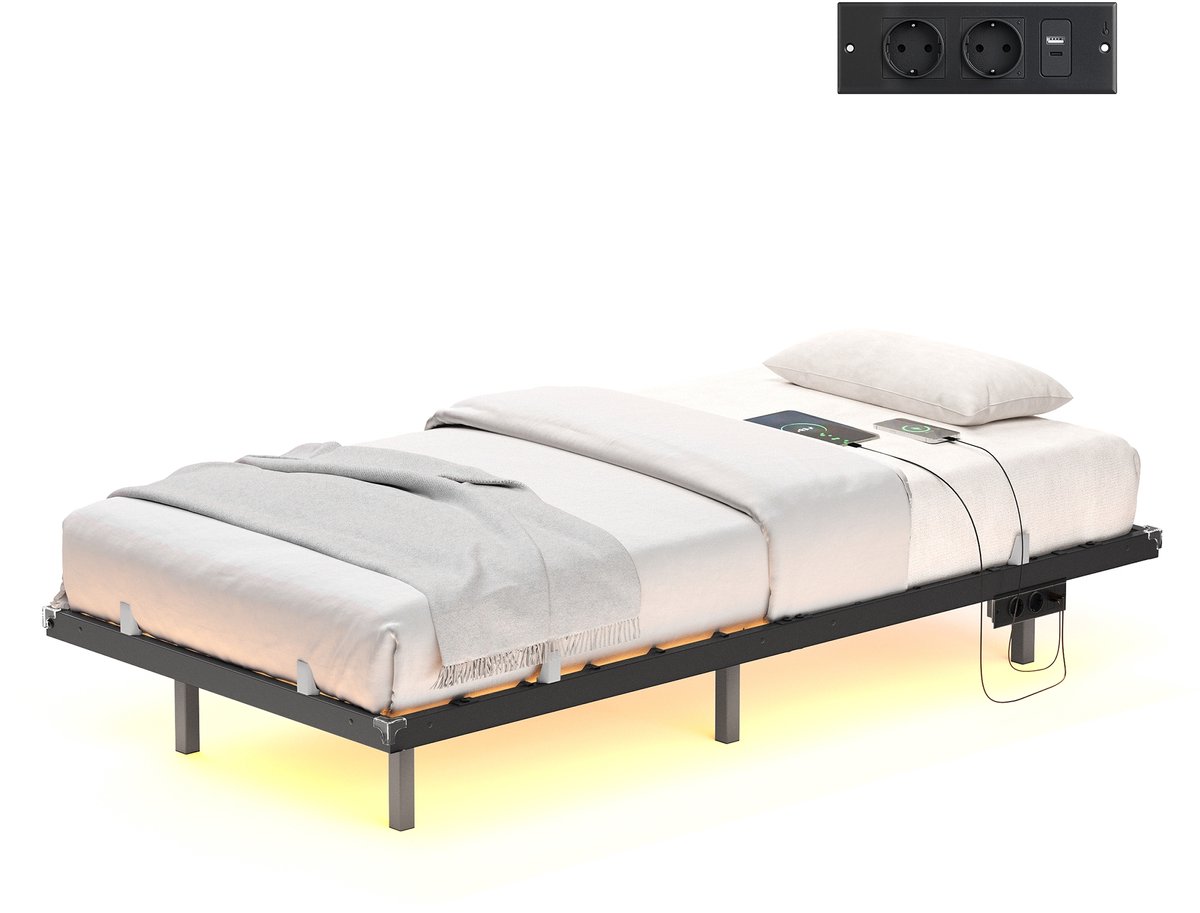 VASAGLE - Bed - Metalen Bed - Met LED-Verlichting - Afneembaar Oplaadstation - Stevige Constructie 250 kg