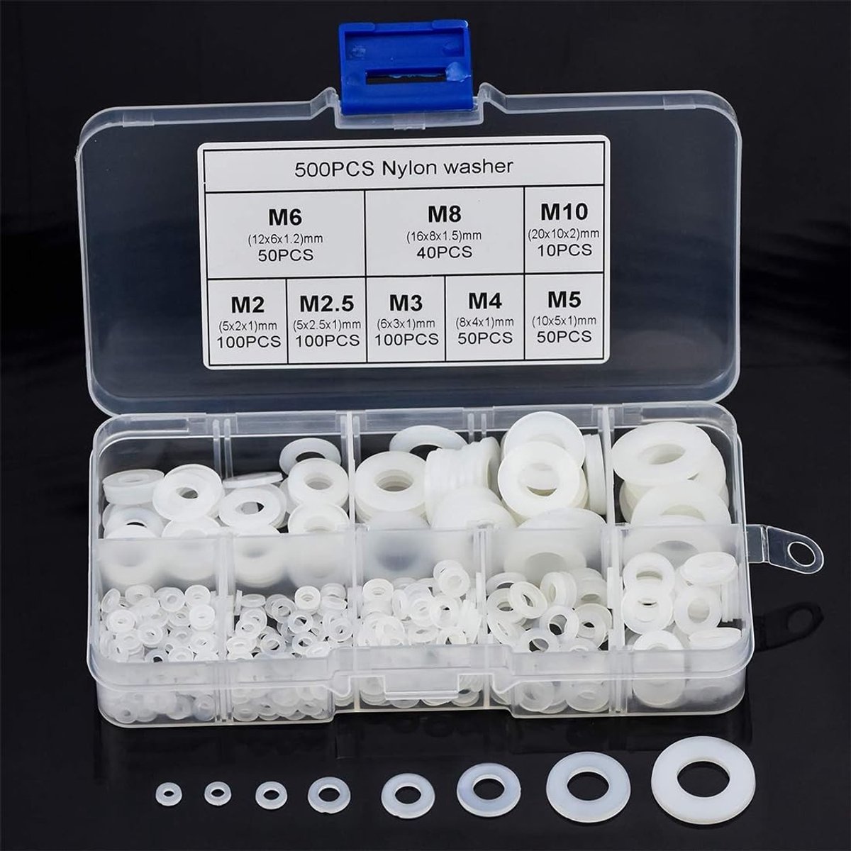 Dailygoods- Sluitringen 500 stuks - Kunststof set M2-M10 - Platte sluitringen - Corrosiebestendig - Hoogwaardige PA66-nylon - Geluidsarm en lichtgewicht - Onderleggers