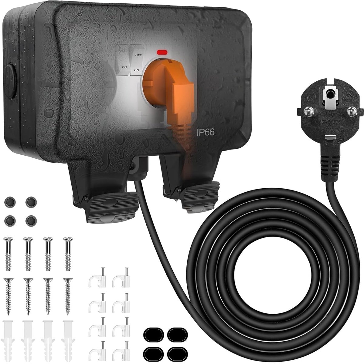 Buitenstopcontact - Waterdicht dubbel - Stroomvoorziening buiten - IP66 bescherming - 3 meter kabel - Zwart