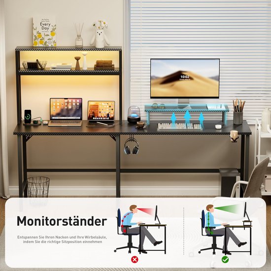 Gamingtafel Hoekbureau - Computertafel Werkstation - Professioneel Werken Spelen - Geïntegreerde LED Verlichting - 150 x 100 cm - Zwart Koolstofvezel — afbeelding 2