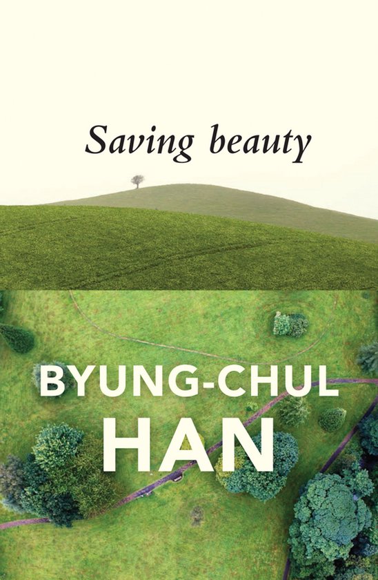 Boekomslag met de tekst 'Saving beauty' en 'BYUNG-CHUL HAN' op een landschap van groene heuvels en bomen.
