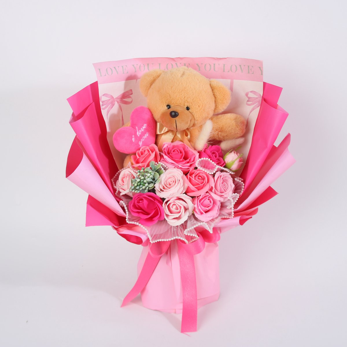 La Roselle Amsterdam Teddybeer met Kunstrozen – Luxe Roze Cadeauboeket – Pluchen Beer met Hartje – Sweet Teddy Rose Bouquet Collection