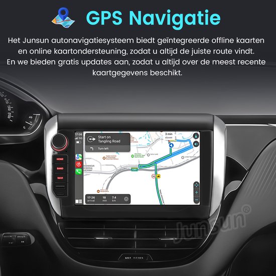 De GPS navigatie op het autoradio scherm toont een route met instructies.
