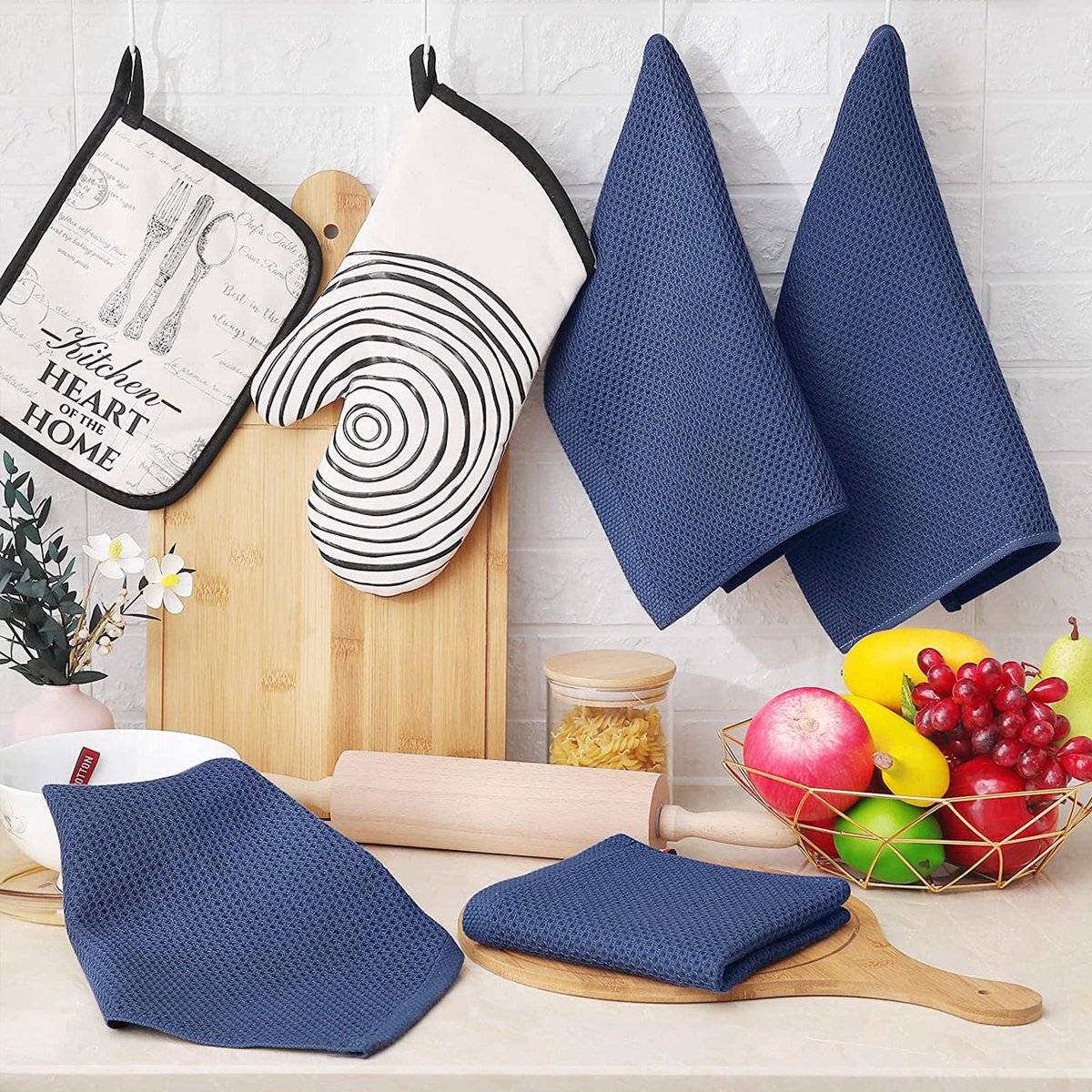 FloraGrace Keukendoekenset – Sterk Absorberend Honingraatweefsel – 34 x 34 Cm – Katoen – Donkerblauw – Voor Drogen En Reinigen