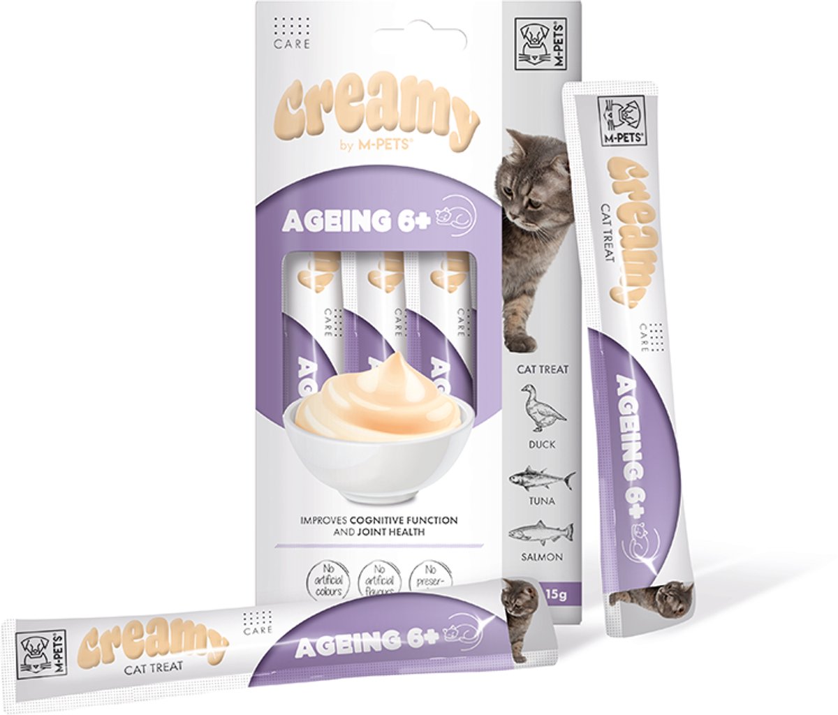 M-PETS Creamy kat functionele snack leeftijd 6+ - eend & tonijn & zalm 60g - per 12