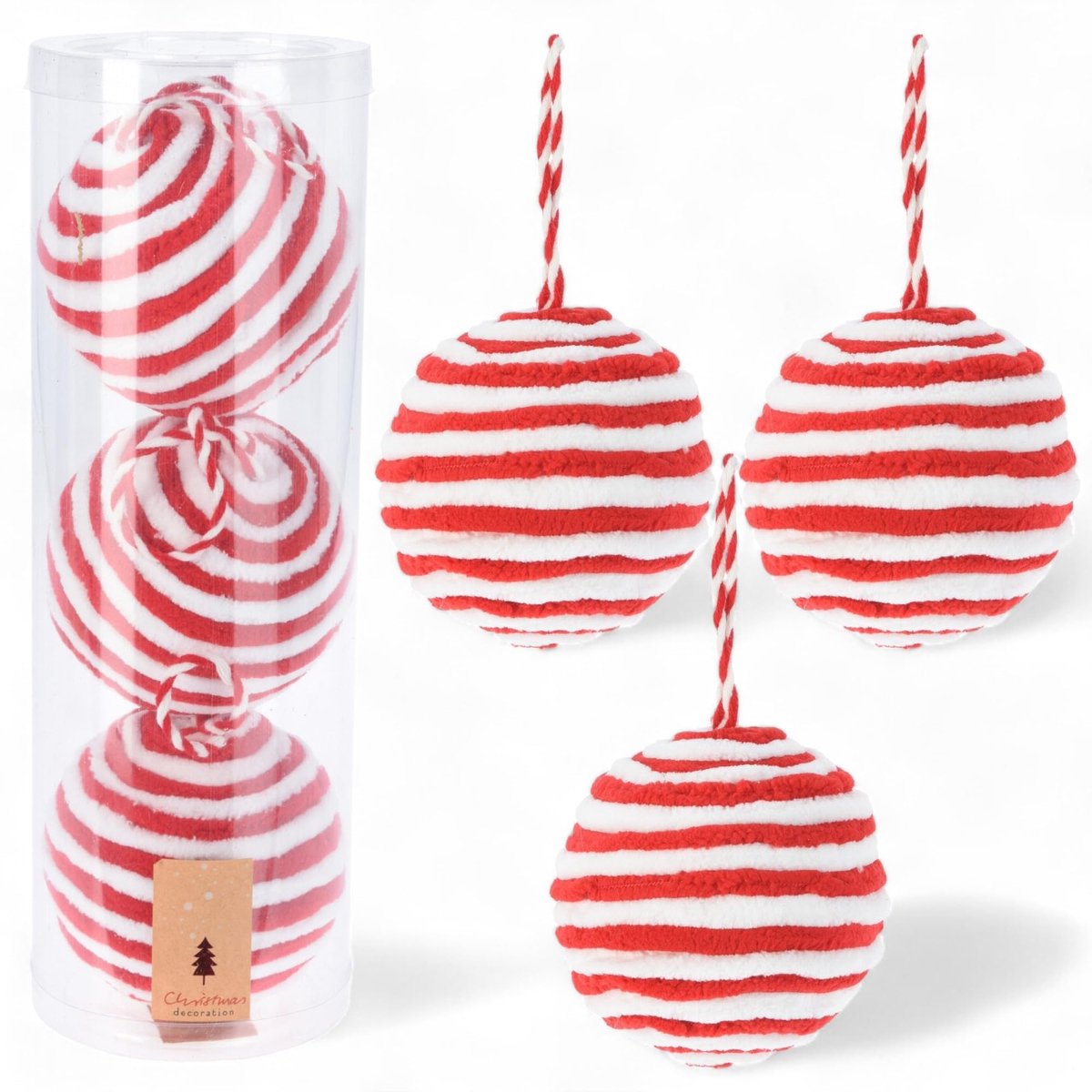 Dailygoods- Kerstballen Suikerstok-Design - Rood/Wit - Pluche Oppervlak - 10 cm - 3 Stuks - Nostalgische Kerstversiering