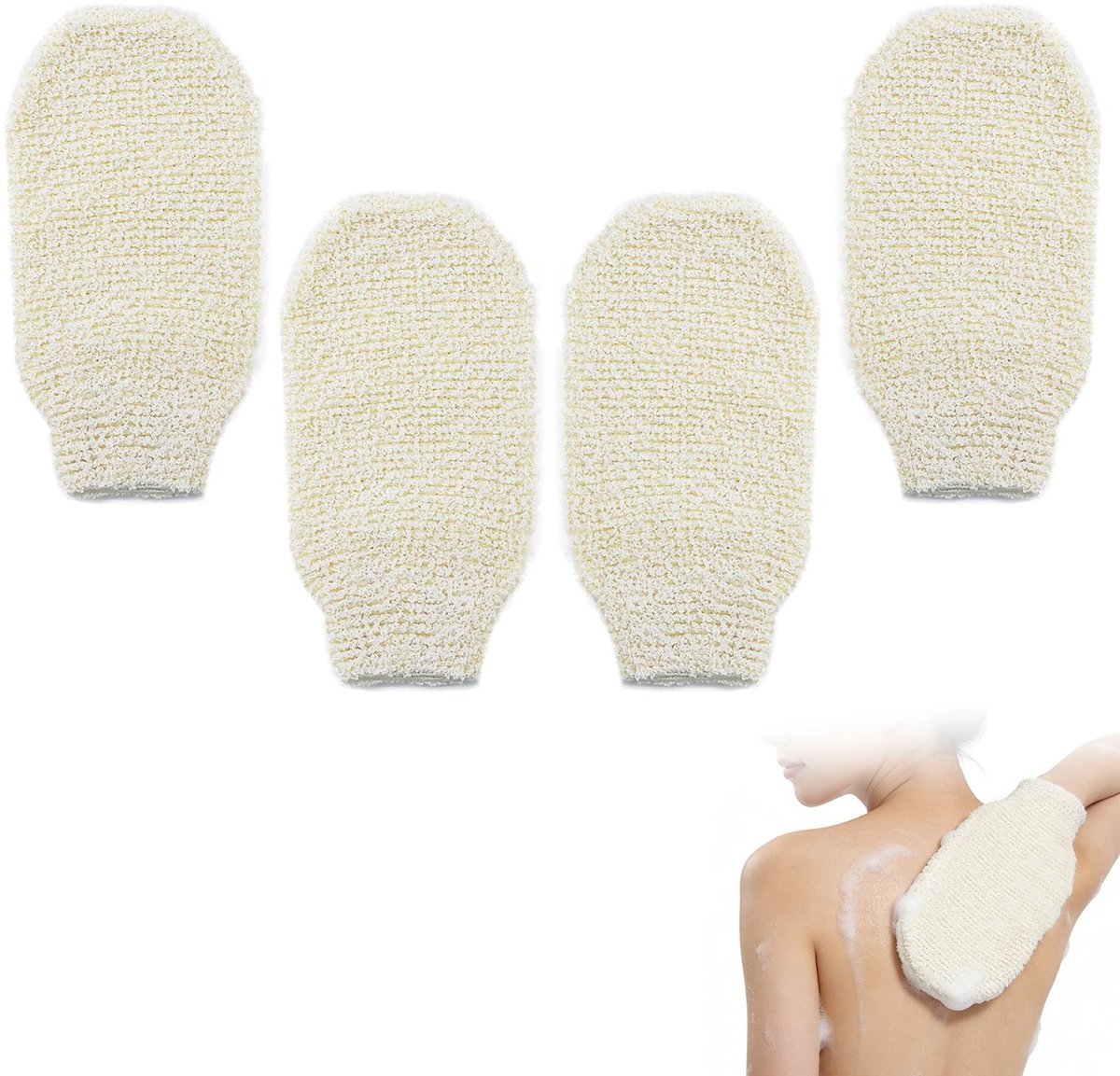 Dailygoods- Peelinghandschoenen - Natuurlijke Scrubhandschoen - Set van 4 Stuks - Huidvriendelijk - Herbruikbaar - Duurzaam